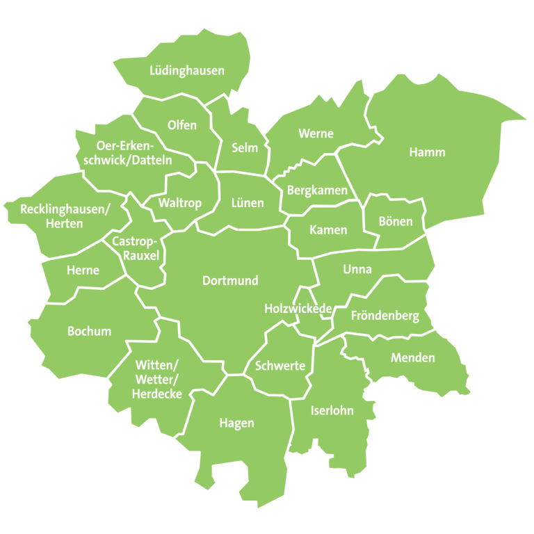 Bergkamen Bochum Bönen Borchen Castrop-Rauxel Dortmund Fröndenberg Hagen Hamm Herdecke Herne Holzwickede Iserlohn Kamen Lüdinghausen Lünen Menden Olfen Paderborn Schwerte Selm Unna Waltrop Werne Wickede (Ruhr) 